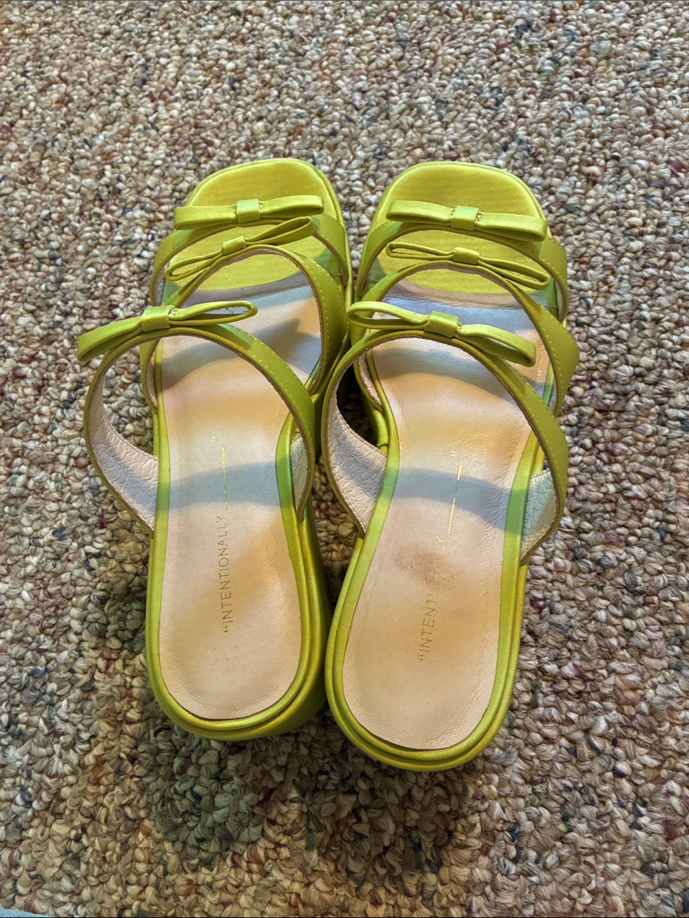 INTENTIONALLY BLANK Lime Green Satin Multi-Strap Bow Platform Sandals - Picture 2 of 5